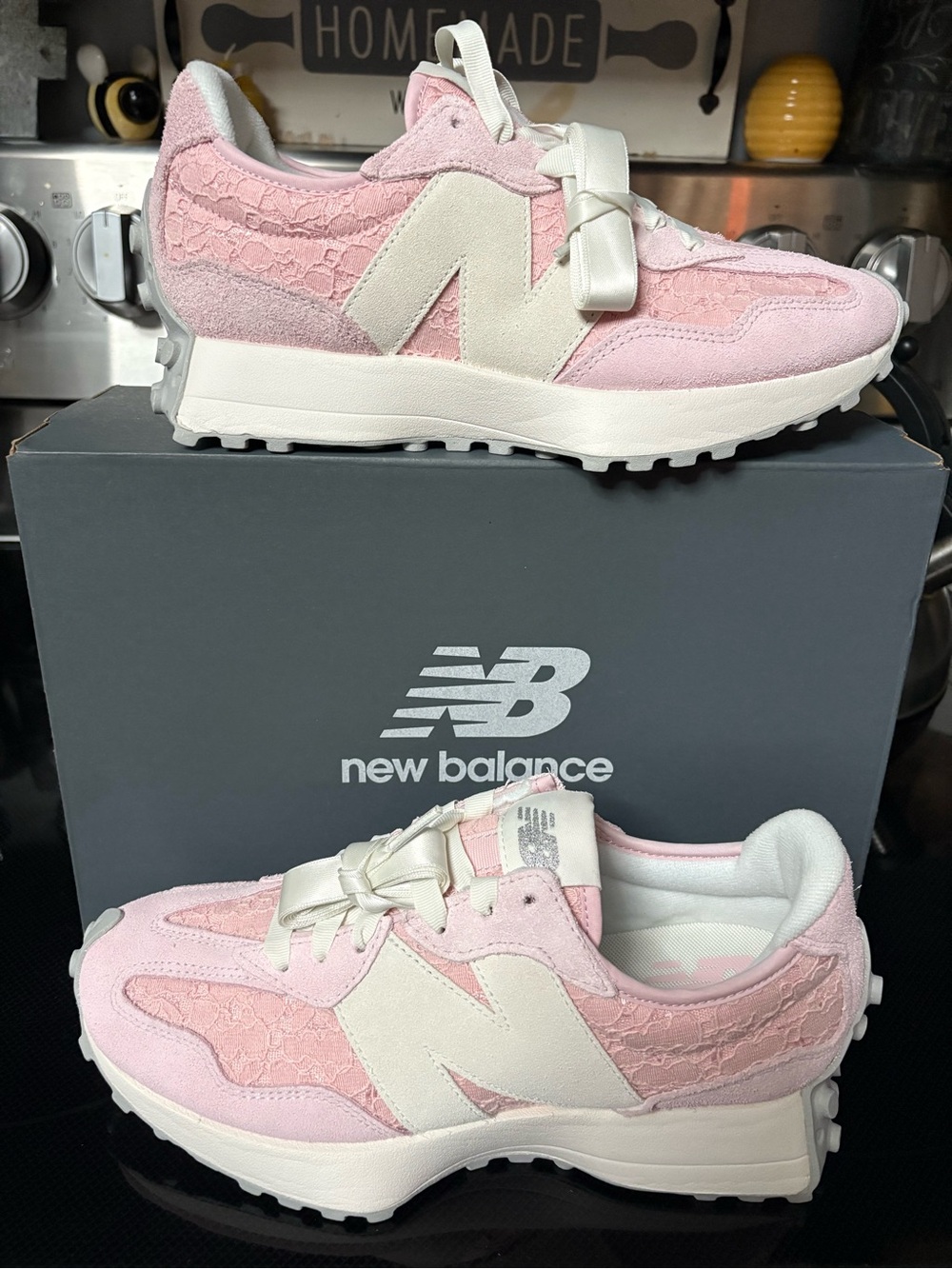 New Balance 327 Women's Pink Lace Sneakers with White logo (lite gray bottoms)